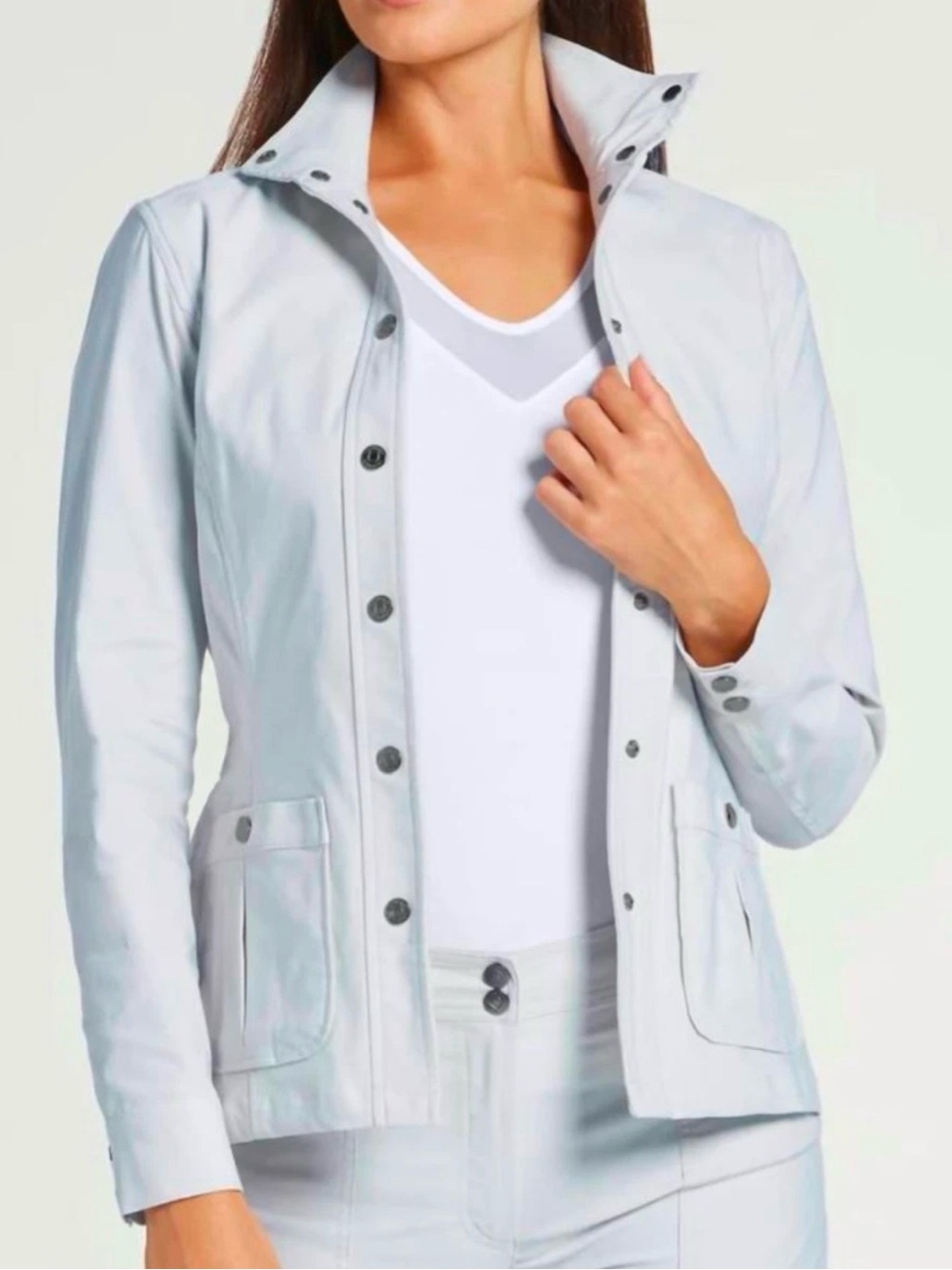 Anatomie Women’s Ivory Jane Silver Snap Jacket French Athleisure Travel Sz Large